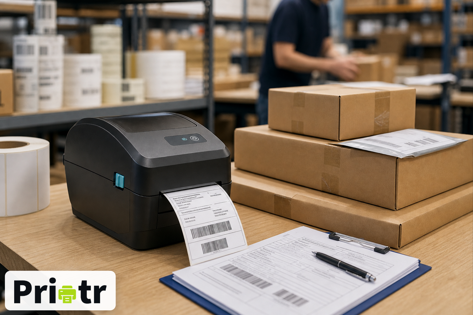 image showing a warehouse environment with boxes stacked on a bench, a label printer printing a label and some paperwork on a clipboard